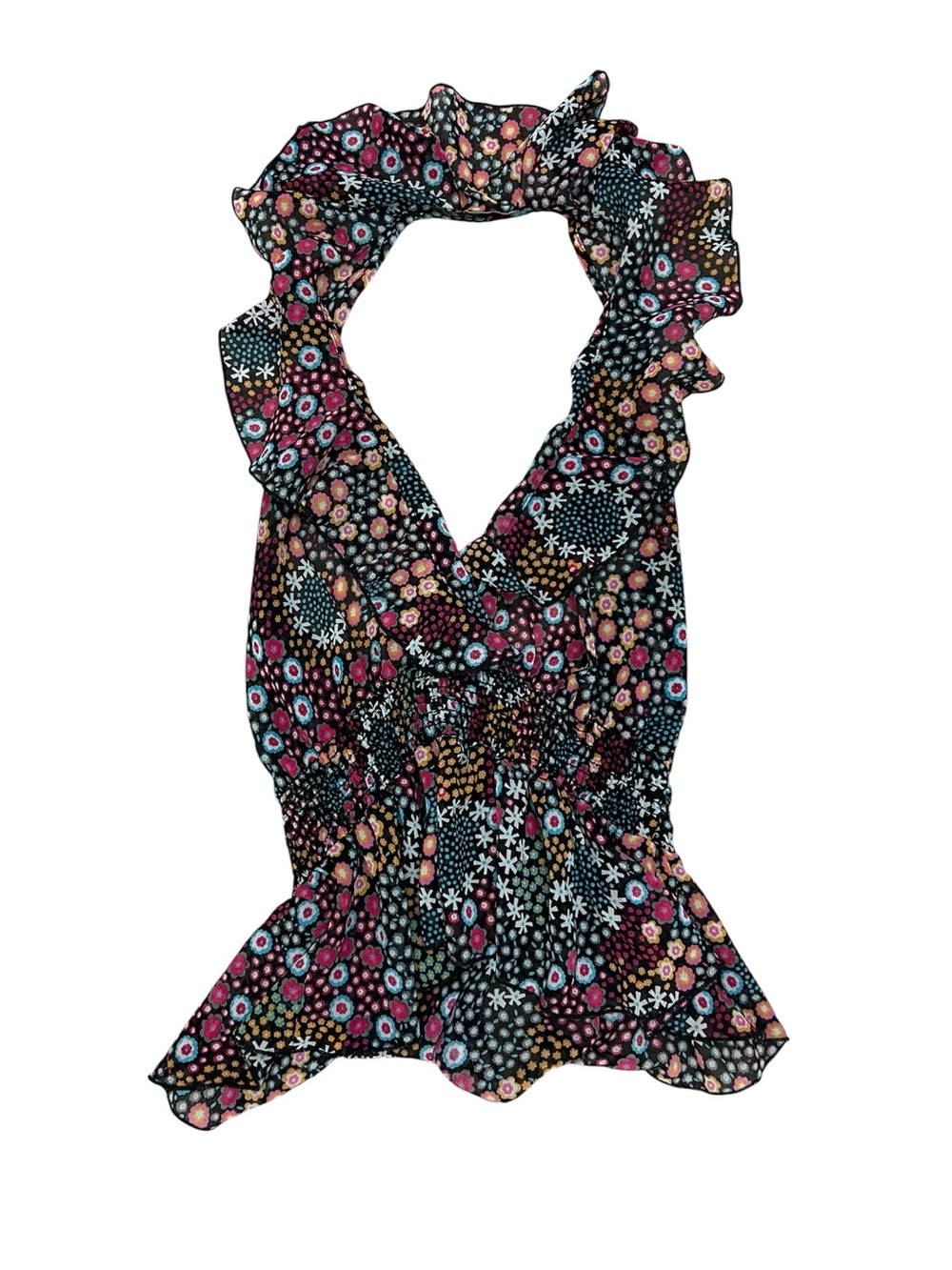 Y2K Style Women’s Floral Semi Sheer Halter Ruffle Festival Tank Top No Size